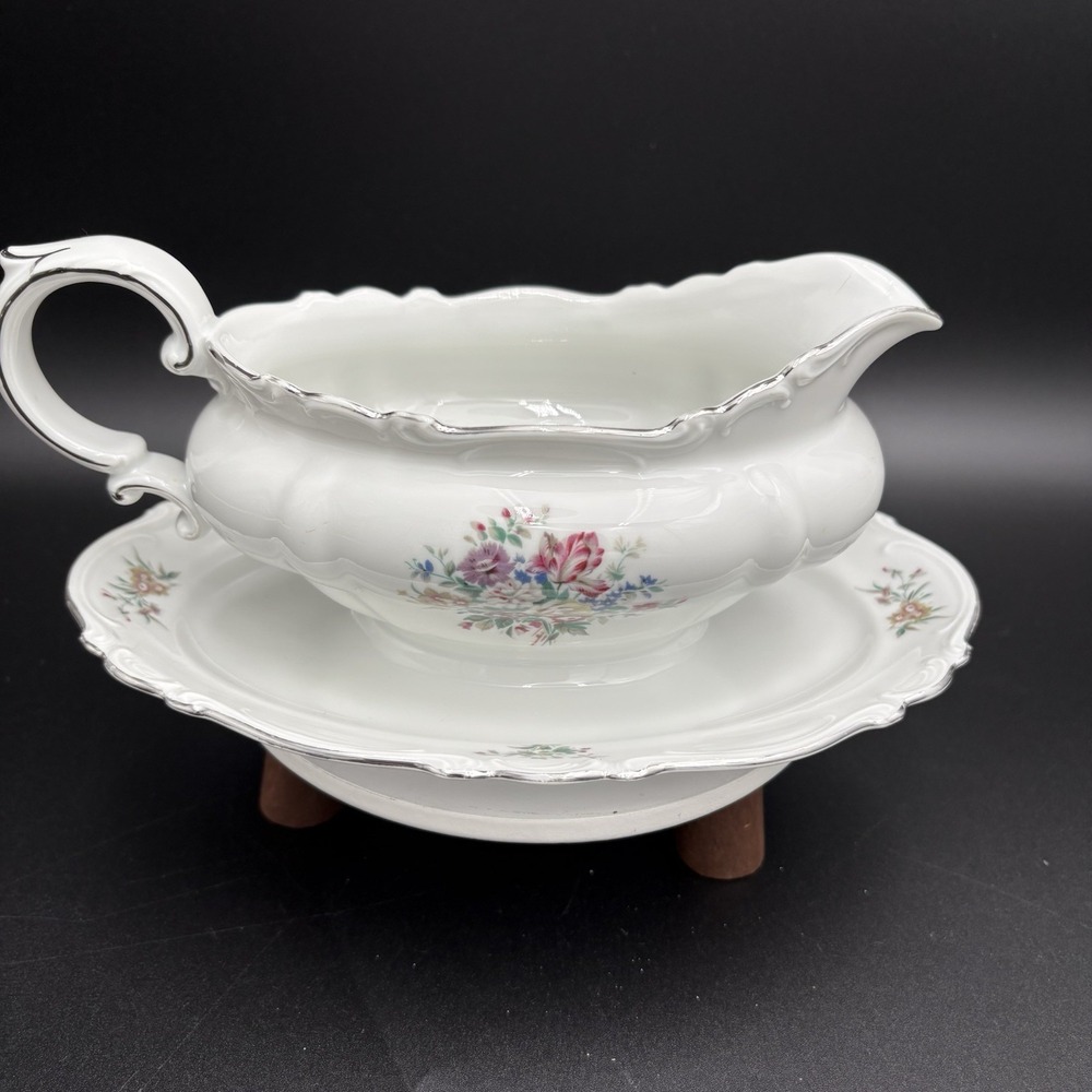 Crown Bavaria Germany Gravy Boat  Bowl Attached Platter Ladle Bouquet Floral Vtg